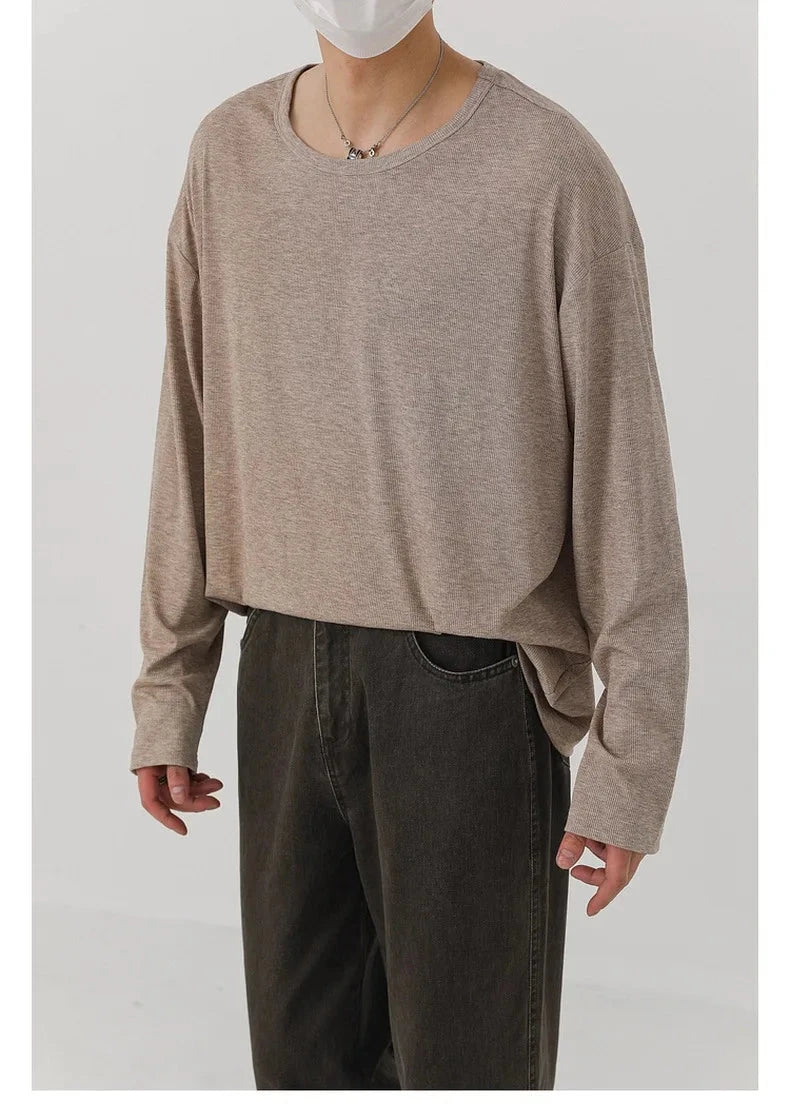 Korean Fashion Men T-shirt Luxury Knitted Solid Color Scoop Neck Long Sleeve Tees Casual Premium Quality Textured Knitwear M-3XL voguable