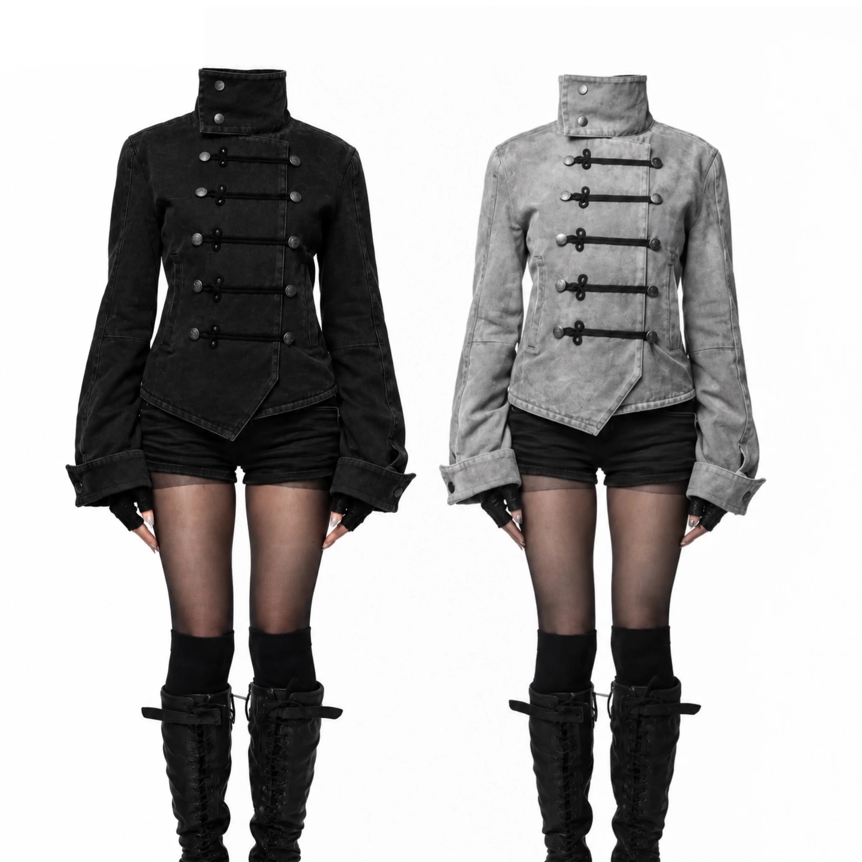 Voguable  Women's Gothic Jacket Retro Washed Canvas Stand Collar Frog Button Y2K Punk Street Coat voguable