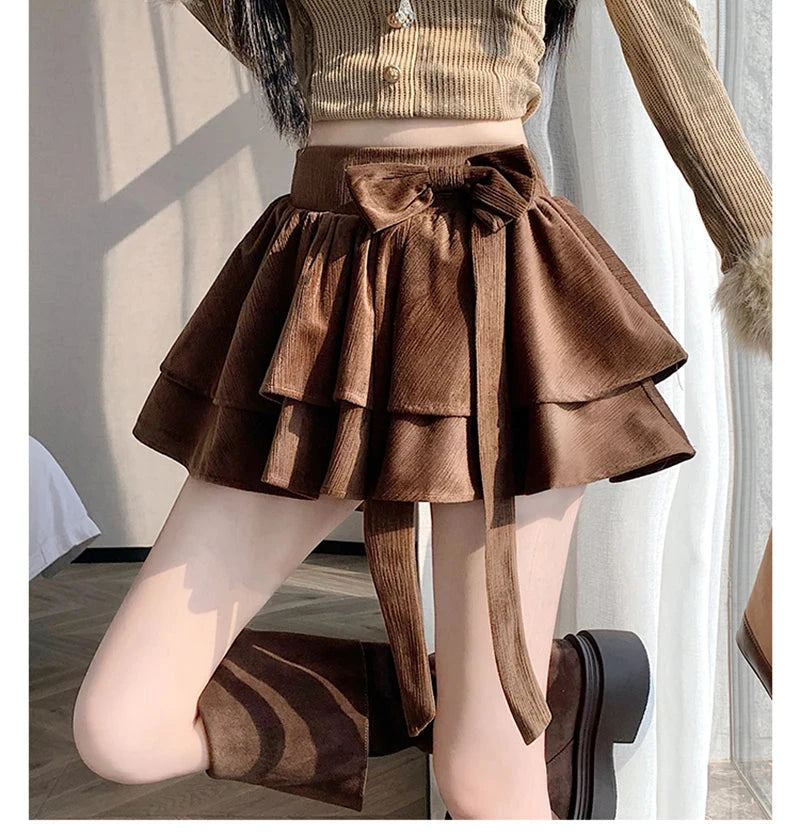 Sweet Bow Cake Skirts Women Vintage Slim High Waist Sexy Mini A Line Skirt Korean Preppy Style Fall Winter Dance Skirt New voguable