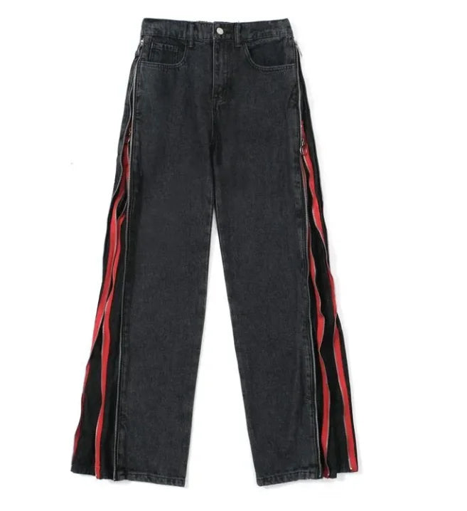 Korean fashion casual star print tooling jeans women's Baggy American stitching contrast color loose straight wide-leg pants ins voguable