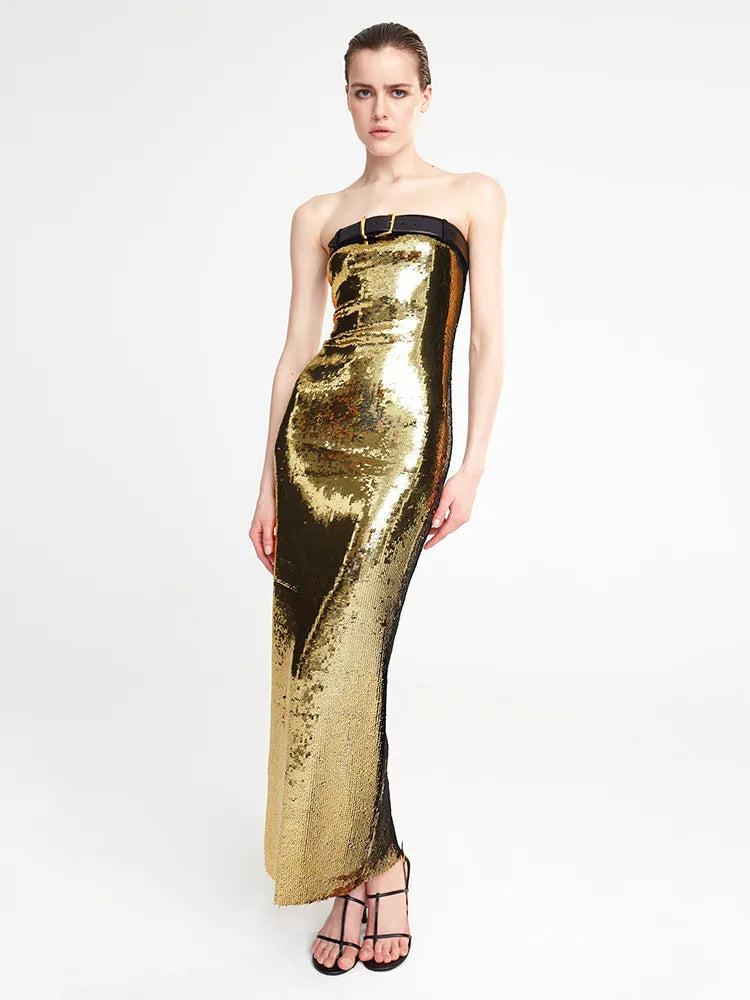Guest Wedding Party Dress Women Strapless With Black Belt Luxury Gold Sequins Slip  Ankle Length Long Dress voguable
