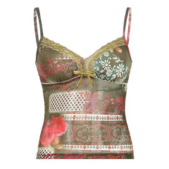 Voguable  Vintage Flower Print Cami Women Fairycore Grunge Lace Patchwork Tie-up Bow Spaghetti Straps Crop Tops Sexy Streetwear voguable
