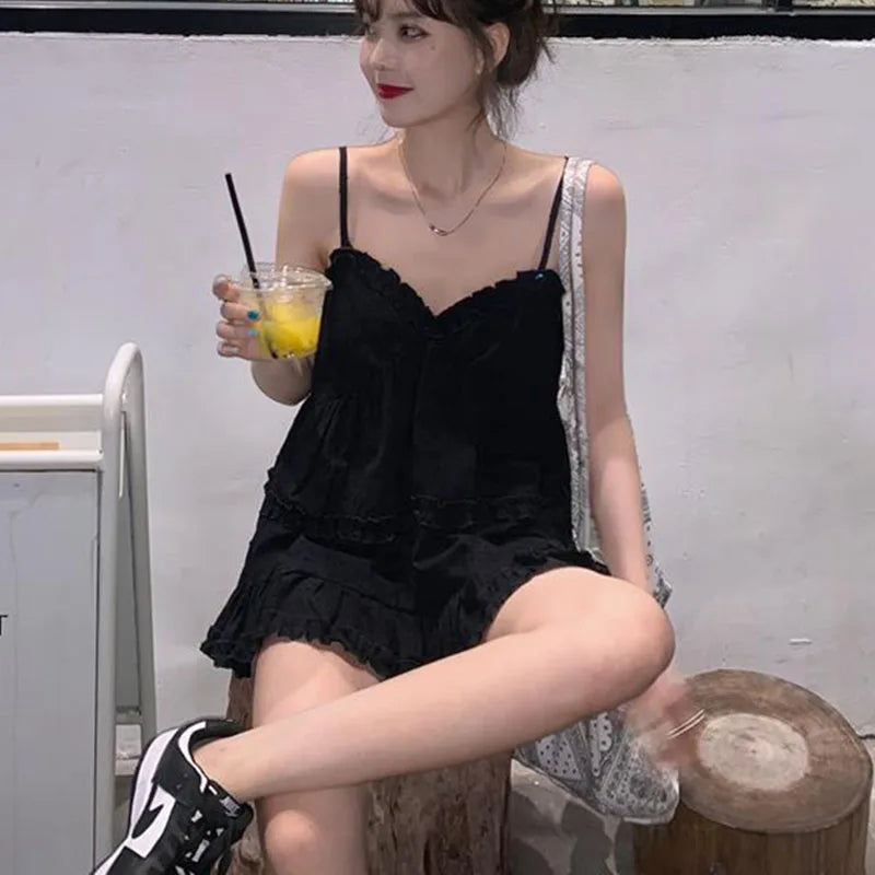 Voguable  Preppy Style Short Tank for Women Summer Ruffles Design White Camisole Woman Japanese Sweet Beach Sleeveless V-Neck Tops voguable