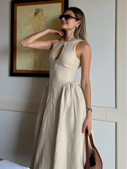Sexy Hollow Out Solid Long Dress For Women Elegant O Neck Cut Out Zipper Sleeveless Maxi Vestidos Summer Lady Street Robes