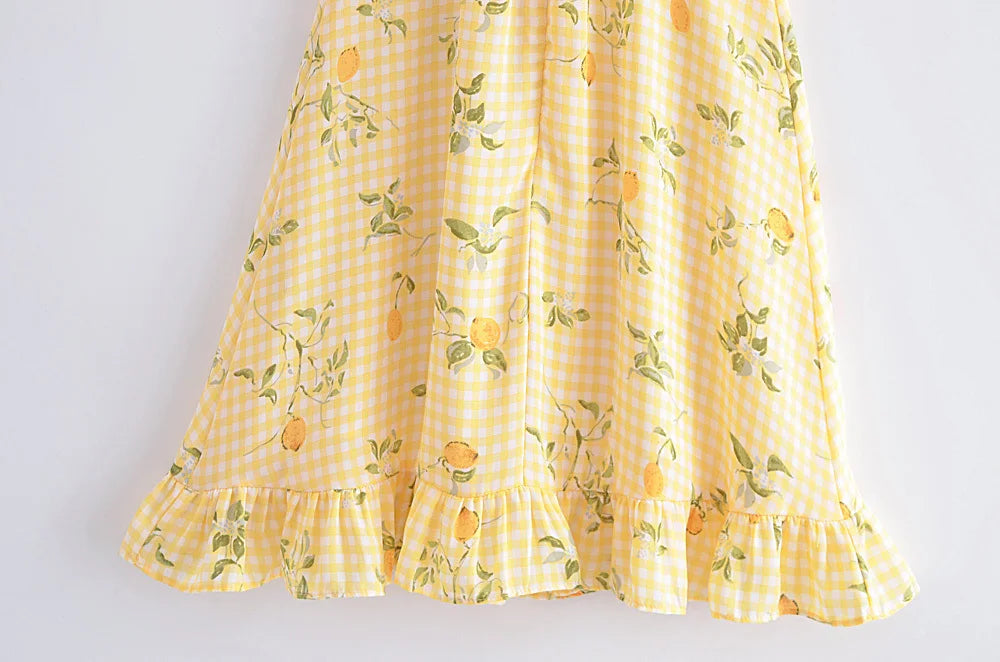 Voguable  Women Plaid Lemon Print Yellow Sling Short Dress Vintage Ladies Summer A-line Chiffon Dress French Style voguable