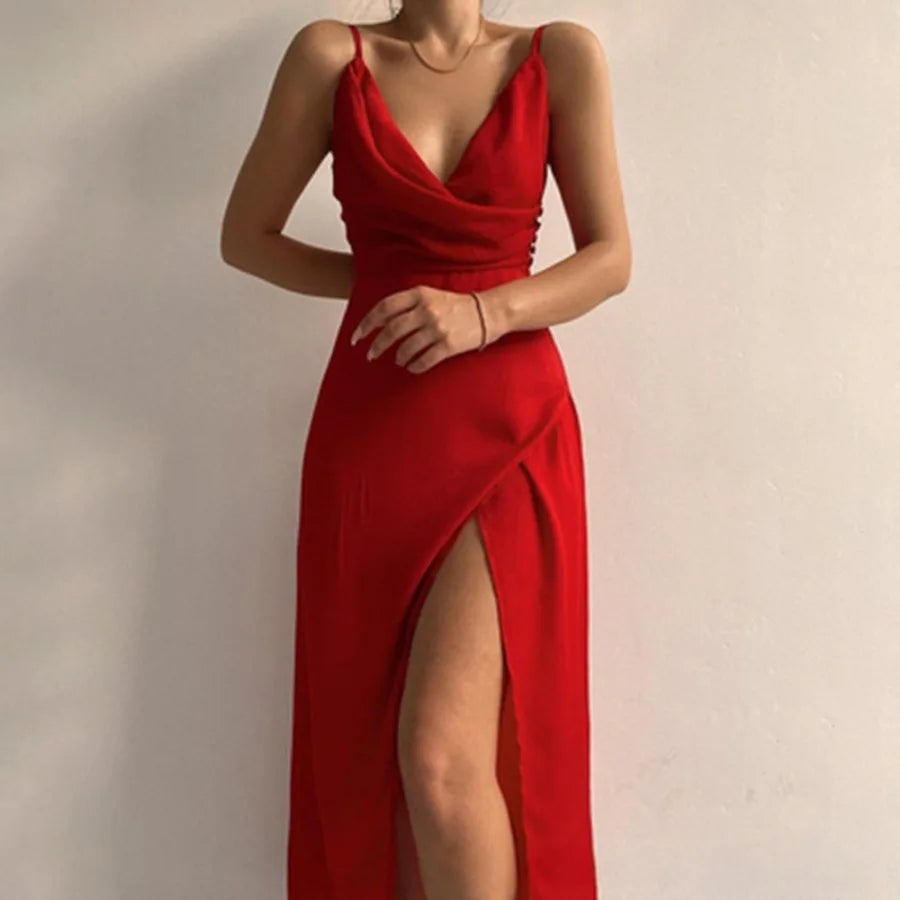 Voguable  Spring  European and American sexy v-neck halter split dress   women's dress medium and long dress voguable