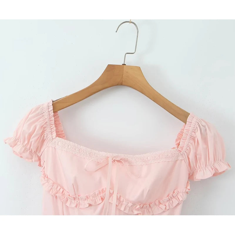 Women Sexy Elegant Pink Mini Dress Vintage Puff Sleeve Slim Low Waist Holiday Party Dresses Lacing Up Back Summer Robe voguable