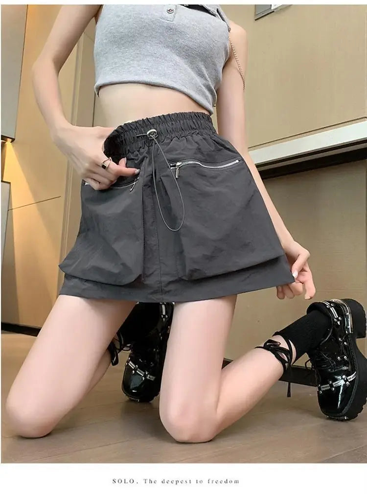High Waist Drawstring Summer Women Short A Line Skirt Vintage Casual Cargo Big Zipper Pocket Skirt with Safety Shorts Hip Skirts voguable