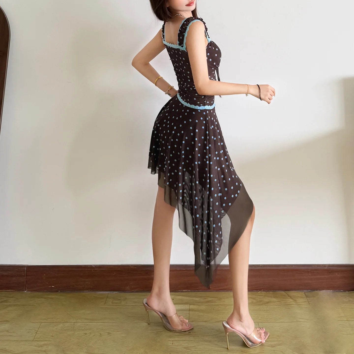 Voguable  Summer Cute Girl's Style Dress Polka Dot Printed Sleevelss Irregular Ruched Hem Slim Women Ruched Birthday Party Mini Dress voguable