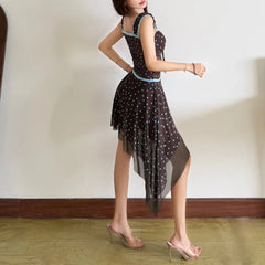 Voguable  Summer Cute Girl's Style Dress Polka Dot Printed Sleevelss Irregular Ruched Hem Slim Women Ruched Birthday Party Mini Dress voguable