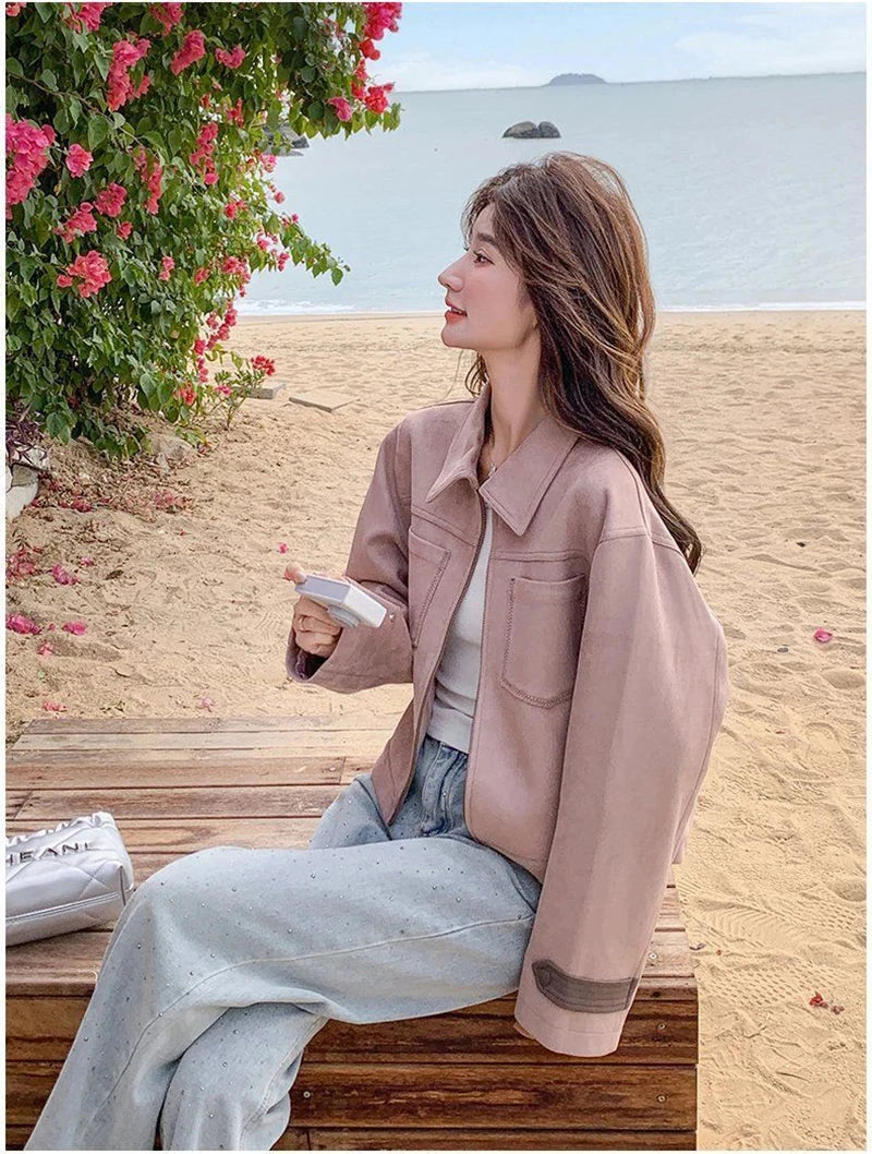 Pink Y2K Faux Suede Jacket Women Vintage Streetwear Long Sleeve Loose Coat Korean Casual Harajuku Fall Winter Outwear Tops voguable