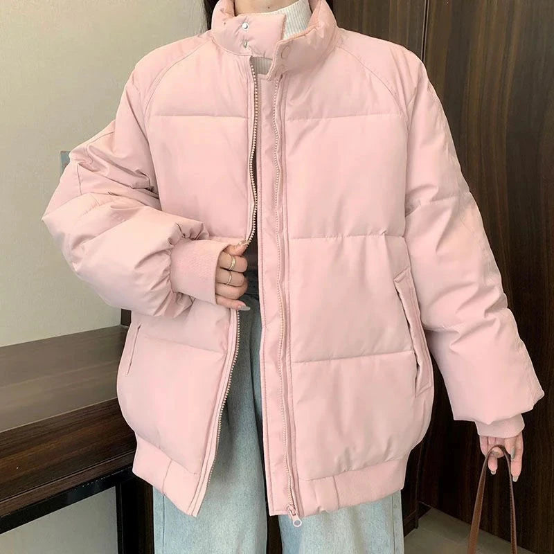 Preppy Style Sweet Pink Parkas Women Vintage Long Sleeve Winter Thick Warm Cotton Jacket Casual Stand Collar Loose Outwear voguable