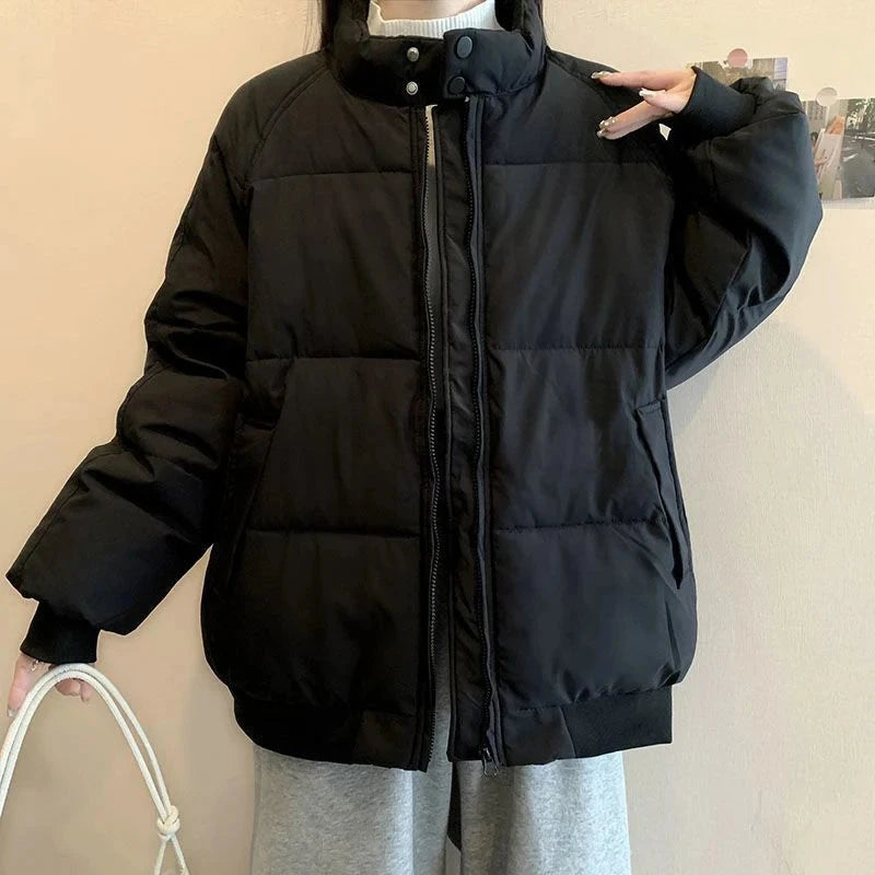 Preppy Style Sweet Pink Parkas Women Vintage Long Sleeve Winter Thick Warm Cotton Jacket Casual Stand Collar Loose Outwear voguable