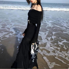 French Elegant Women Off Shoulder Midi Dress Y2K Black Gothic Irregular Split Long Sleeve Dress Ladies Beach Slim Party Vestidos voguable