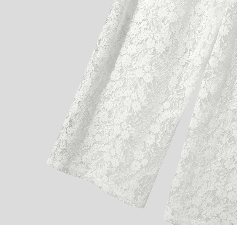 Lace Long Pants Men Casual Pants See-through Long Trousers Party Streetwear Fashion Solid Color Summer Hollow Out Pants voguable