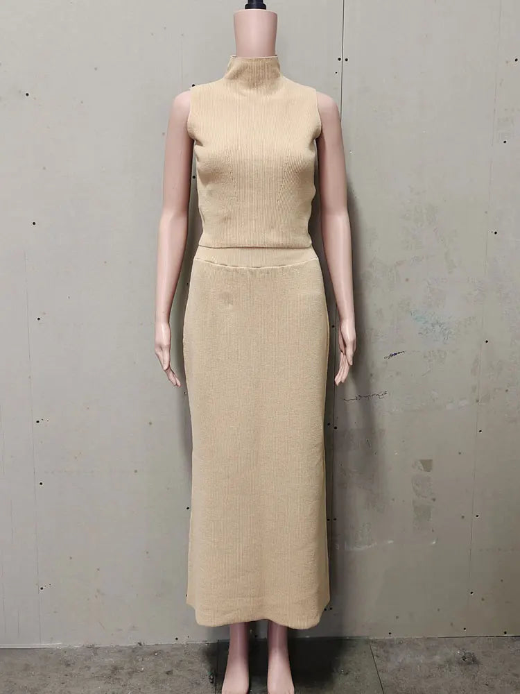 Elegant Knitwear 2 Piece-Set Long Dress Female Ribbed Sweater Pullover And Loose Patchwork Maxi Skirt Sets Ladies Outfits voguable
