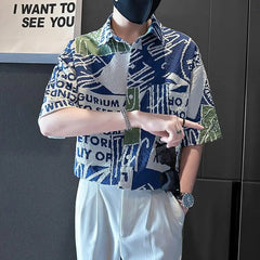 Voguable  Men Clothing Summer Trendy Print Lapel Pocket Button Down Shirt Casual Streetwear Short Sleeve Loose Chic Tops Camisas De Hombre voguable