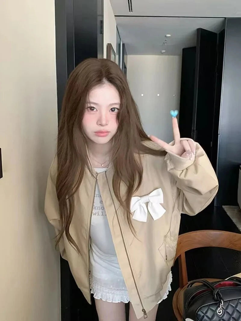 Sweet Bow Korean Jacket Women Fall Preppy Style Cute Long Sleeve Coat Vintage Casual O Neck Loose Female Pockets Tops New voguable