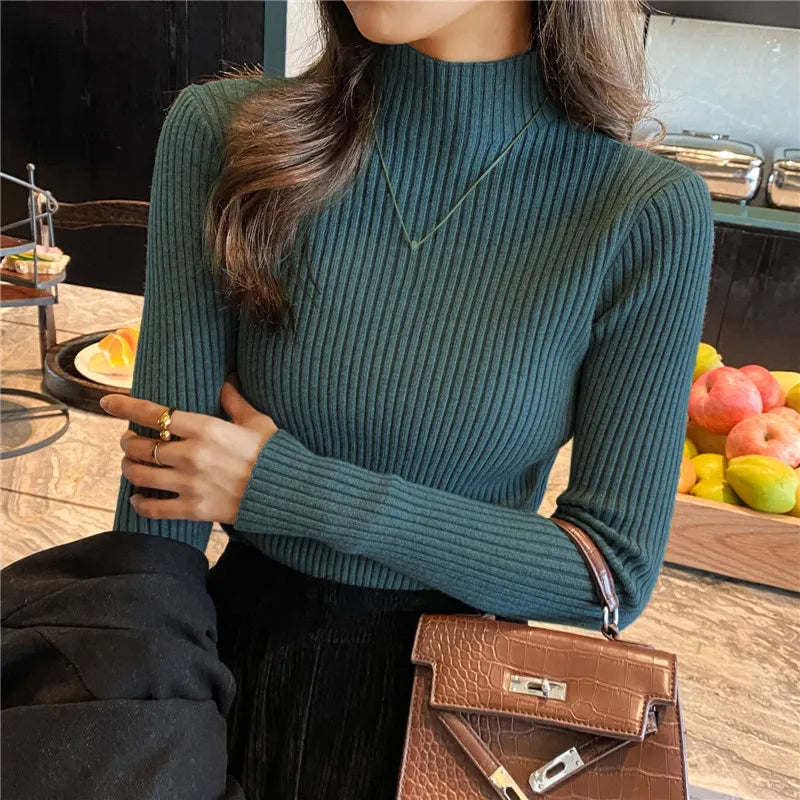 Elegant Solid Basic Knitted Tops Women Turtlneck Sweater Long Sleeve Casual Slim Pullover Korean Fashion Simple Chic Clothes voguable