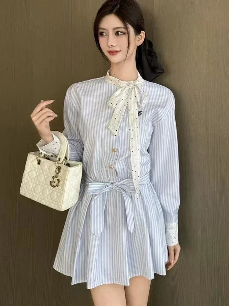 Korean Bow Striped Shirt Dress Women Casual Long Sleeve Elegant Sweet Mini Dress Vintage Patchwork Dot Female Design Dress voguable