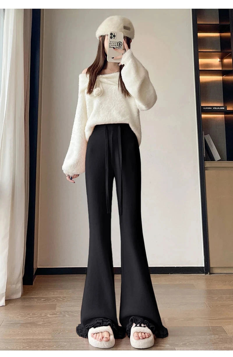 Ruffles Knitted Flare Pant Women High Waist Fashion Loose Fall Winter Trousers Korean Chic Elegant Lady Sweet Solid Pants voguable
