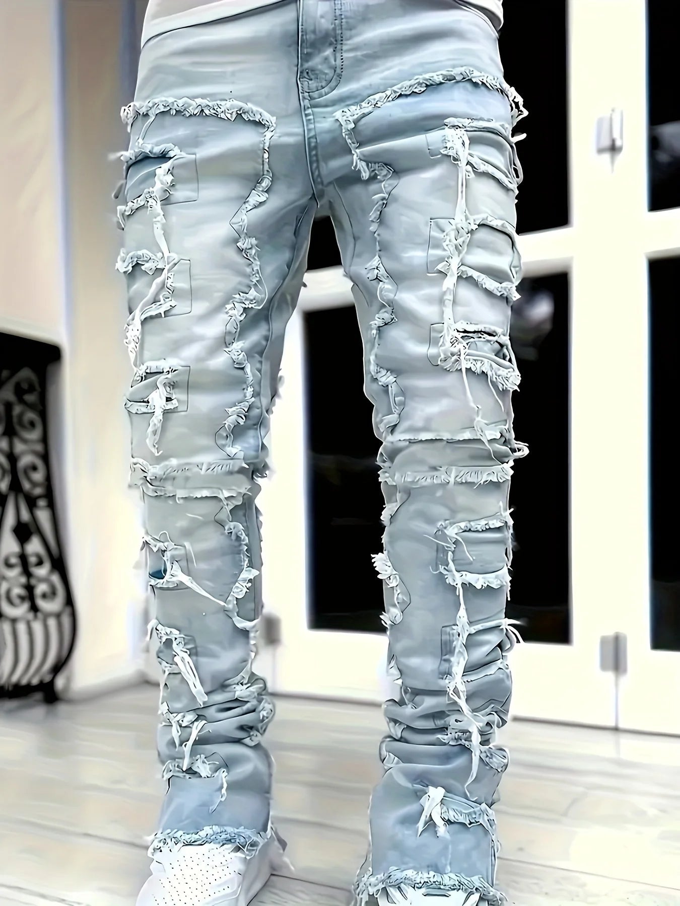 Voguable  New Men's Straight-Leg Jeans, Street Fashion Stretch Casual Jacquard Denim, Hip-Hop Street Style Jeans voguable