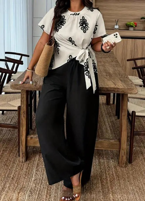 Voguable  Women's plus size casual printed side tie irregular top and black pants set for spring/summer voguable
