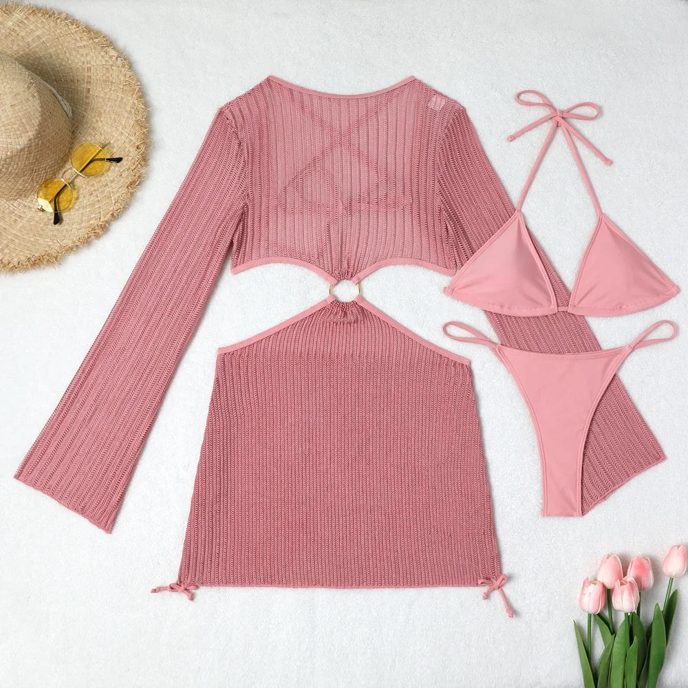 Voguable  White Mesh Backless Dress Cover Up Swimwear 3 Piece Bikini Set String Lace-up Micro Thong Swimsuit Women Halter Triangle Bikinis voguable