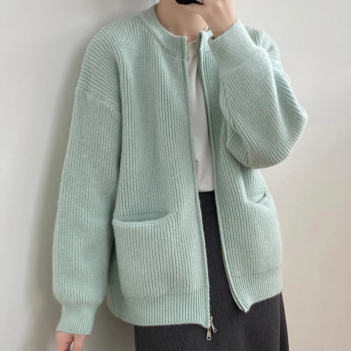 Sweater Cardigan Women Autumn Double Zipper Casual Korean Knitwear Coat Solid Color Loose Soft Long Sleeve Jackets Outerwear voguable
