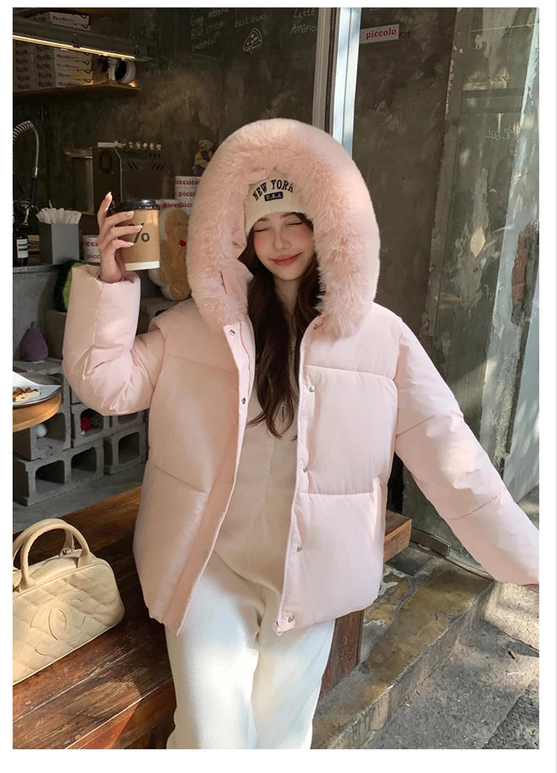 Preppy Style Sweet Parkas Women Cute Long Sleeve Vintage Faux Fox Hooded Cotton Coat Korean Winter Thick Warm New Outwear voguable