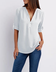Summer Women Cool Loose Shirt Deep V Neck Chiffon Blouse Casual Ladies Tops Sexy Zipper Pullover Plus Size Long Sleeve Fashion voguable