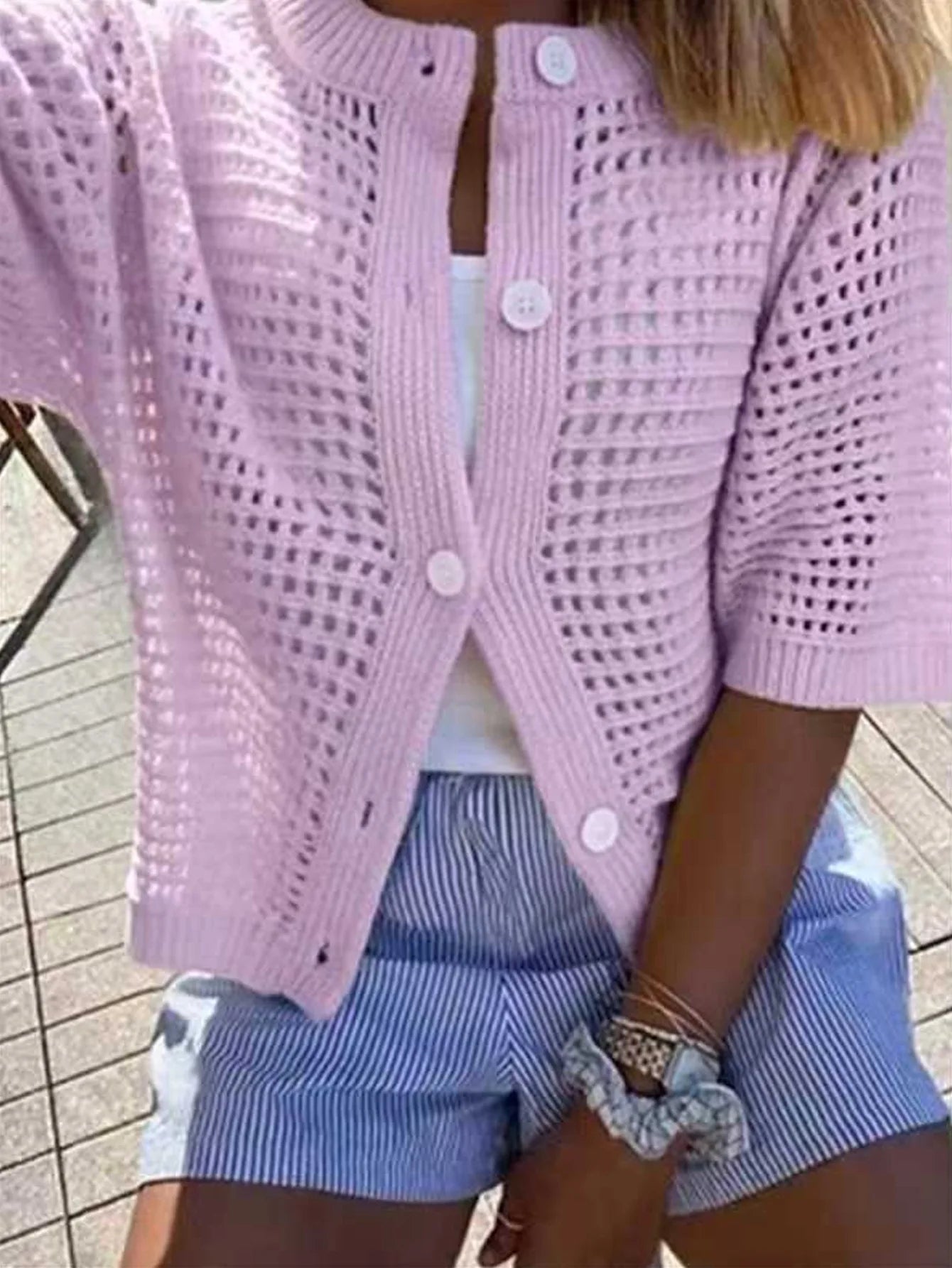 Voguable  Korean Fashion Hollowed Out Round Neck Casual Short Sleeved Cardigan Summer New Solid Color Elegant Women's Knitted Tops voguable