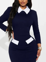 Voguable  Elegant Fashion Women's Pencil Dress Polo Collar Design Professional Long Sleeved Solid Color Office Lady Dress voguable