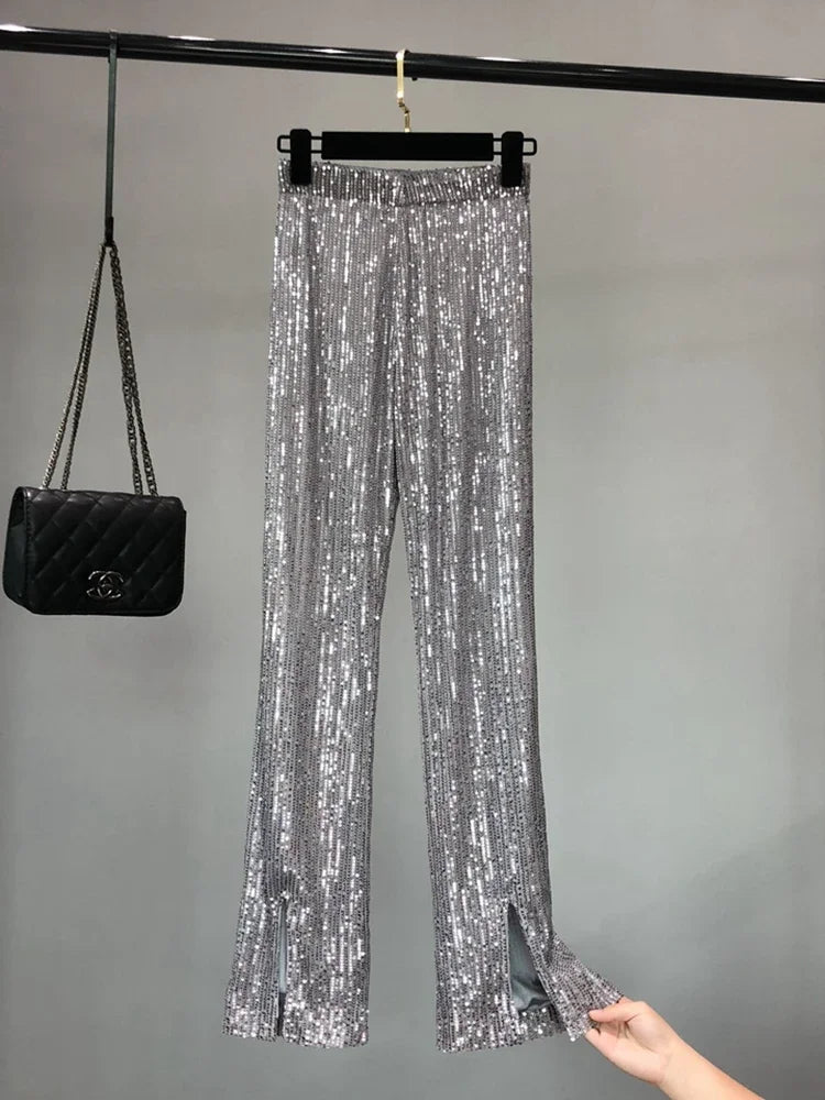 Voguable  New Autumn and Winter Women's Fashionable Shiny White Trousers, Versatile Slimming High Waist Sequined Flared Trousers voguable