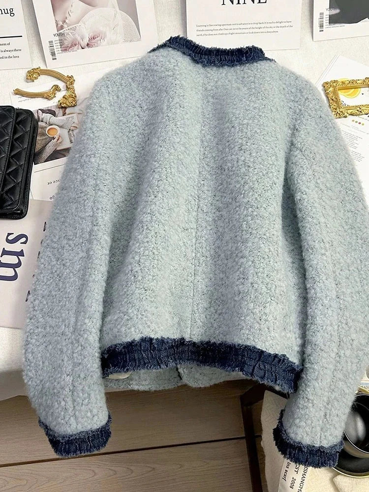 Sweet Thick Warm Tweed Jacket Women O Neck Long Sleeve Winter Cotton Coat Elegant Fashion Patchwork Korean Chic Outwear Top voguable