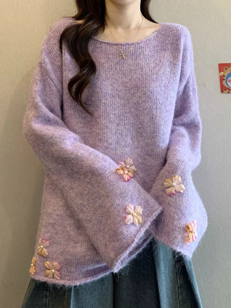Sweet Floral Chic Sweater Women O Neck Cute Long Sleeve Knitted Jumpers Fashion Preppy Style Loose Lazy Wind Lady Fall Pullover voguable