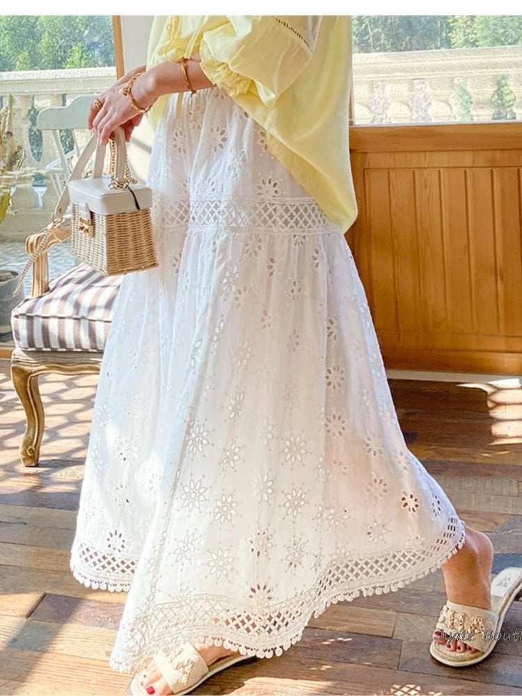 Embroidered Hollow Lace Spliced White Long Skirt 2025 Spring Summer New Elastic Waist Cotton A-line Vacation Beach Boho Skirt voguable