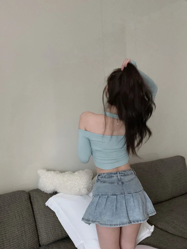 Voguable Coqutte Off The Shoulder Tops Fake 2pcs Hotsweet Solid Color Collar Halter Kpop Slim T Shirt Long Sleeve Basic Shirts. voguable