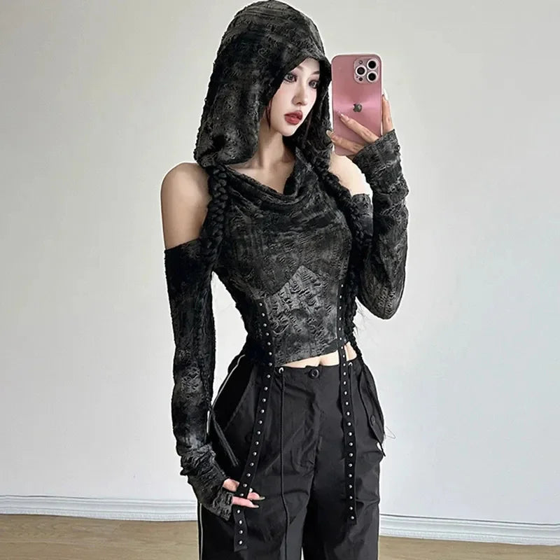 Y2K Hollow Out Hooded Women T Shirt Gothic Streetwear Sexy Off Shoulder Long Sleeve Tops Autumn New Fashion Slim Black Crop Tees voguable