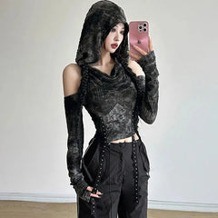 Y2K Hollow Out Hooded Women T Shirt Gothic Streetwear Sexy Off Shoulder Long Sleeve Tops Autumn New Fashion Slim Black Crop Tees voguable