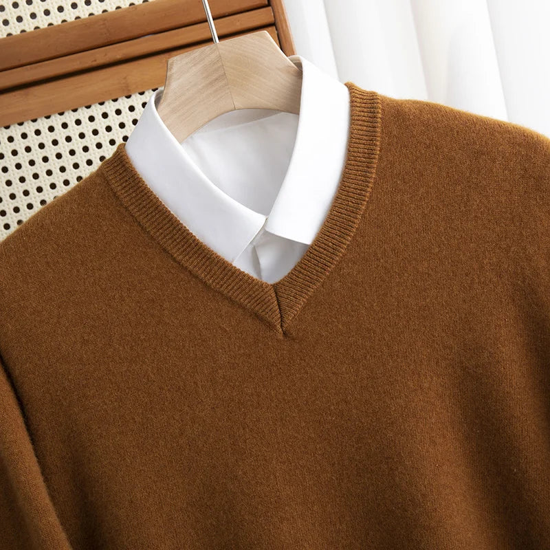 Men 100% Merino Wool Sweater V-Neck Pullover Autumn Winter Cashmere Warm Solid Knitwear Clothes Business Bottoming Soft Tops voguable