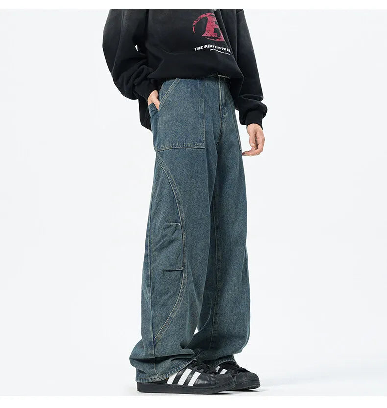 Patchwork style Men's Baggy Straight Jeans Personality unisex Fashion Korean High Street Denim Pants Streetwear Male Trousers voguable