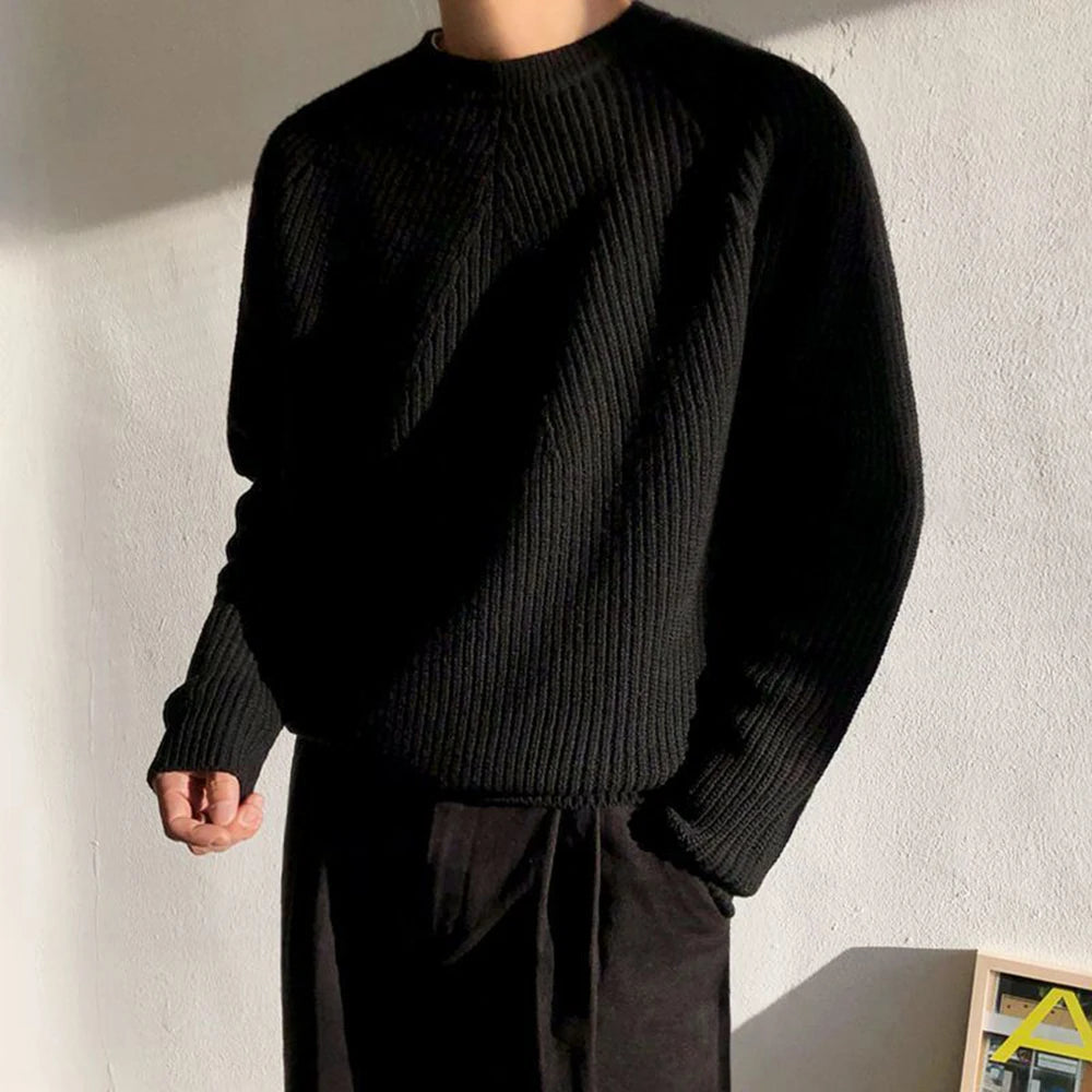 Voguable  Men Autumn Winter Korean Style Loose Round Neck Knitted Sweater Gender-Neutral Trendy Casual Solid Color Simple Sweater Unisex voguable