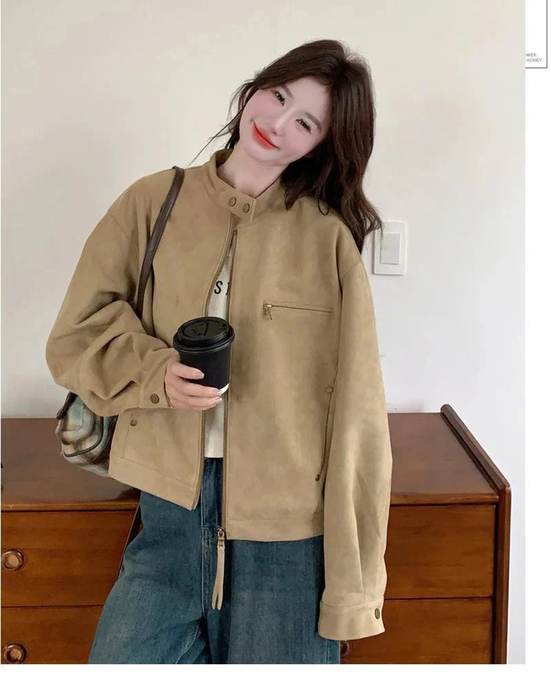 Women Faux Suede Y2K Jacket Streetwear Loose Long Sleeve Vintage Coat American Casual Harajuku Retro Stand Collar Fall Tops voguable