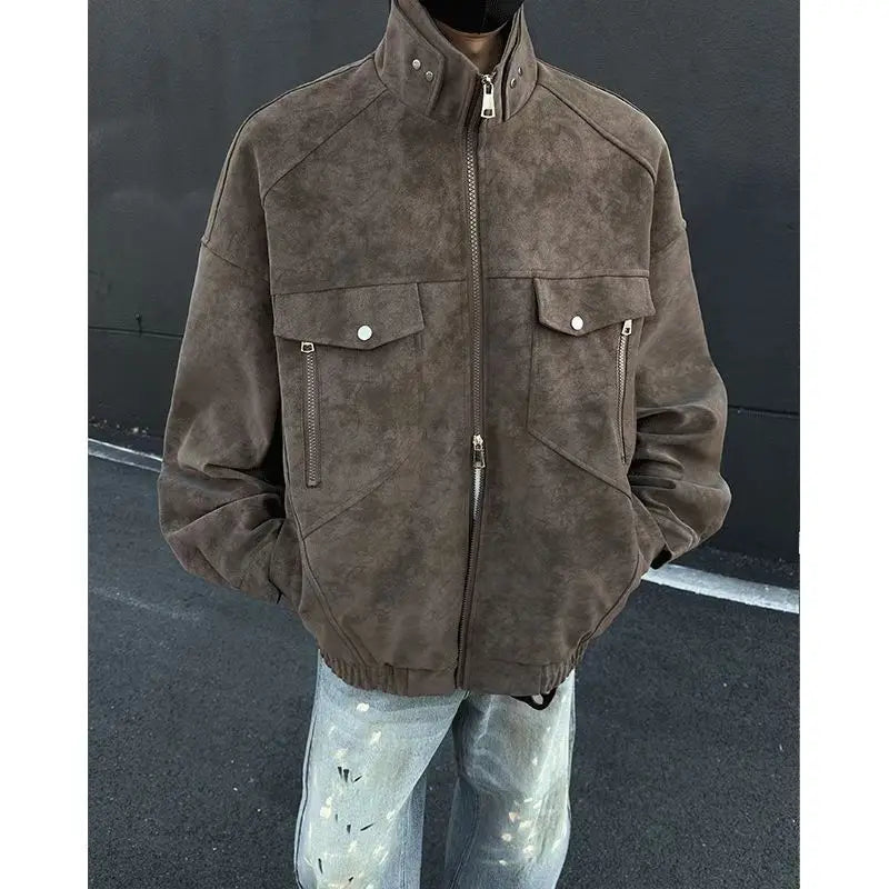 Street Zipper Jacket High-end Handsome Stand-up Collar Coat American 2025 Retro Handsome Work Jacket Loose Top Urban voguable