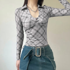 Voguable High Street Plaid T-shirt Grey Vintage Slim Long Sleeve Turn-down V-neck Tops Autumn Chic Elegant Pullovers Ladies Tops voguable