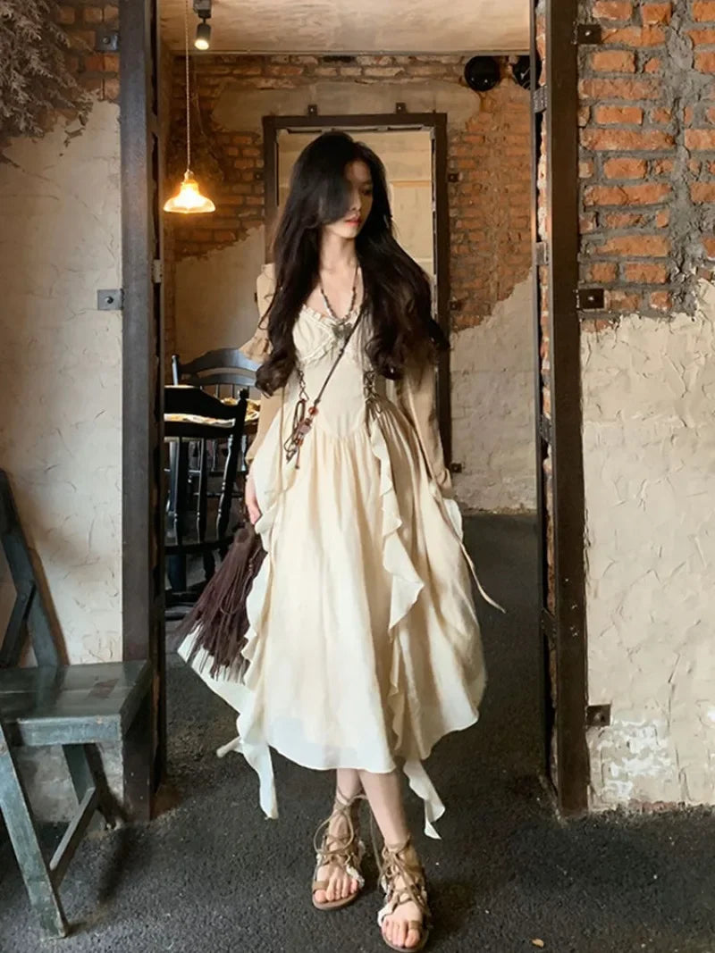 French Fashion Retro Vacation Style Camisole Dress+cardigan Two-piece Set Summer Temperament Long Dresses Female Clothing voguable