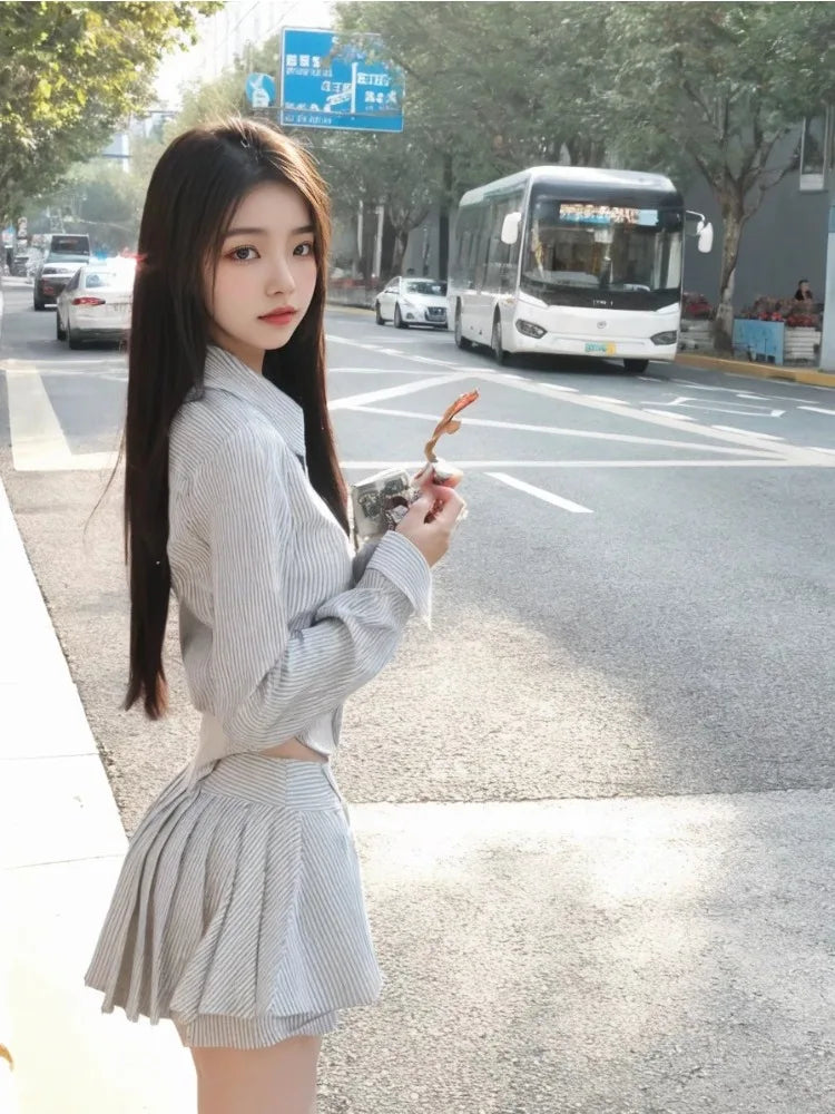 Voguable  Sweet Hot Girls Sexy Preppy Style Suit Women's Spring/Autumn Irregular Long-sleeved Short Shirt Pleated Mini Skirt Two-piece Set voguable