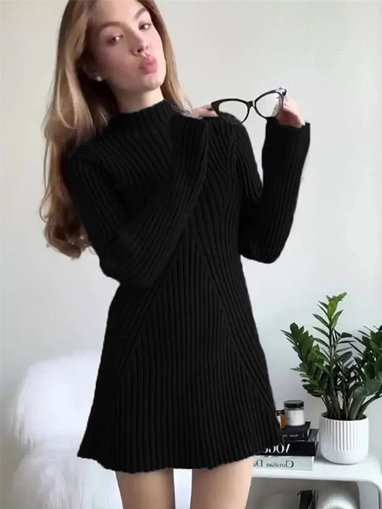 Women Elegant Solid Knitted Mini Dress Fashion Long Sleeve O Neck Ribbed Dresses Autumn Winter Female Streetwear Robes voguable