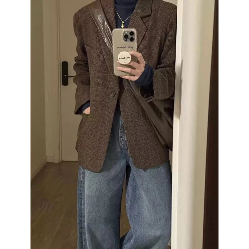 Retro Faux Woolen Blazer Coat Women Harajuku Long Sleeve Fall Winter Y2K Jacket Streetwear American Casual Lady Suit Coat voguable